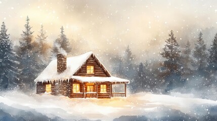 Cozy cabin in snowy forest with warm light glowing from window
