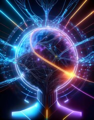 3D rendering of the background of the AI ​​brain circuit board and the electric current flowing through the circuit.