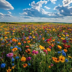 Obraz premium Vibrant Wildflower Meadow Under Blue Sky With Fluffy Clouds