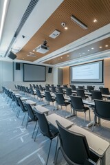 Seminar Room Set Up For A Global Trade Conference, With Seating And Presentation Screens Arranged