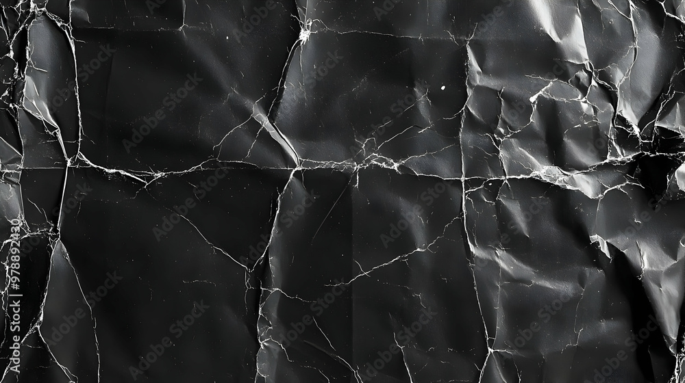 Poster a close-up view of a crumpled black paper texture with visible creases and lines, creating a distres