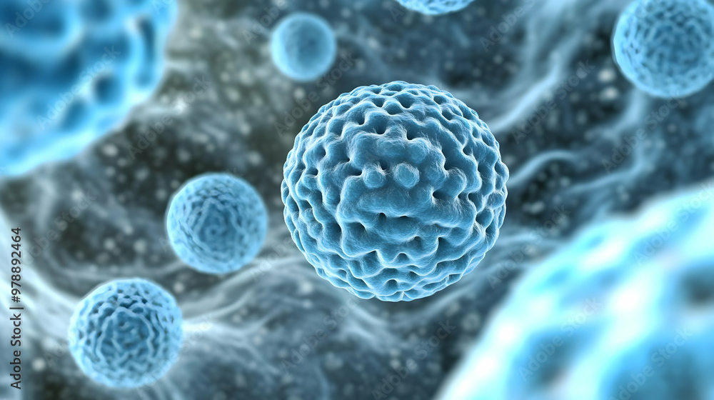 Poster 3d render of a virus particle floating in a blue background, a detailed and realistic representation