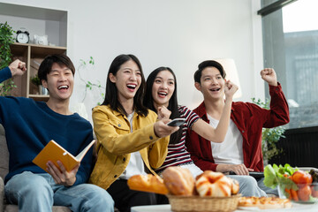 drinks and conversation, social gathering and get together. Young people, group and happiness at fast food pizzeria, celebration at home.