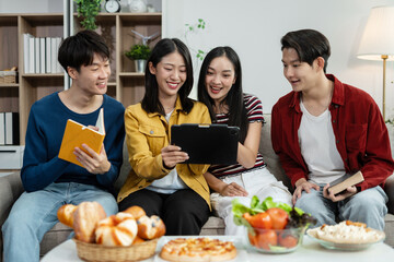 drinks and conversation, social gathering and get together. Young people, group and happiness at fast food pizzeria, celebration at home.