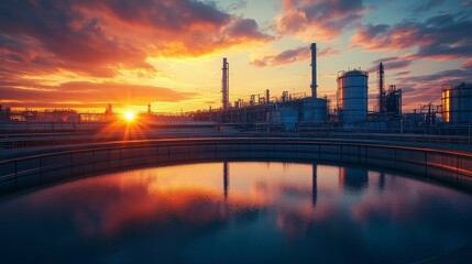 A gleaming stainless steel tank reflecting a dynamic industrial skyline at twilight, with the fading light casting dramatic shadows and highlights