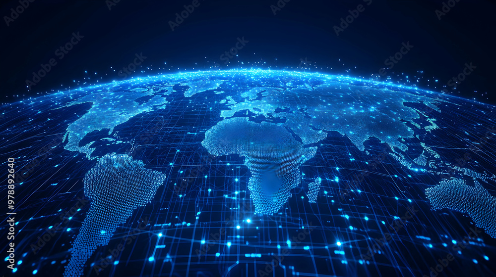 Poster a digital world map depicting global interconnectivity with blue lines and glowing points of light o