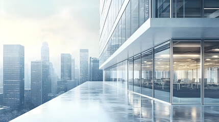 A Modern Office Building with Glass Walls and a View of the City Skyline