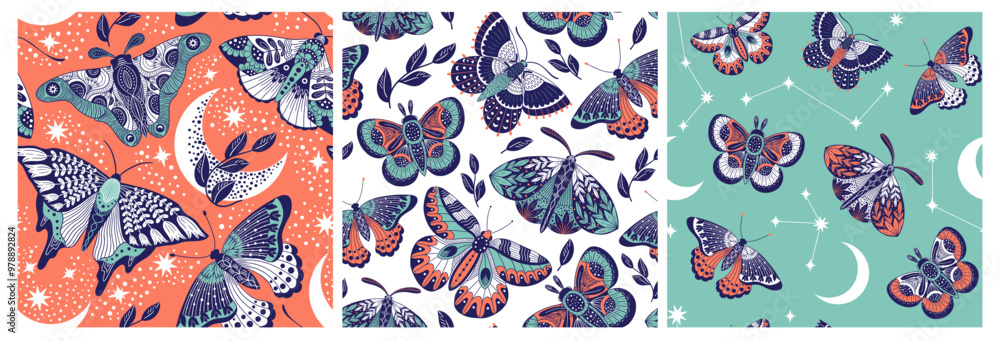 Poster boho butterfly pattern. seamless print of moth and astrologic mystic symbols with abstract fantasy i