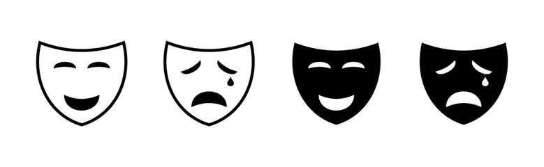 Theatrical masks set icons. Linear and silhouette style. Vector icons.