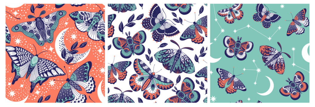 Boho butterfly pattern. Seamless print of moth and astrologic mystic symbols with abstract fantasy insects, ethnic fabric textile design. Vector texture.eps
