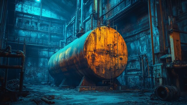 A large, rust-covered stainless steel tank inside a derelict industrial building, illuminated by eerie, cold blue light, with decayed surroundings, in a dark, cyberpunk style