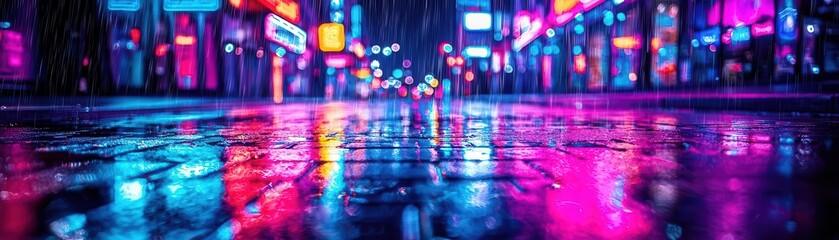 Glowing neon signs in an urban alleyway, reflecting on wet pavement, city glowtime, gritty and vibrant