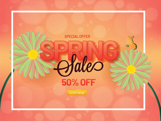 Spring sale poster or banner design with discount offer and decorative daisy flowers.