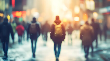 Blurred Abstract Image of People Walking in a City with a Warm Glow,  Blurry Bokeh Lights in the Background