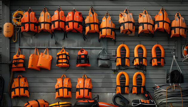 Orange lifebuoys and life vests hanging on wall at station