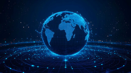 Naklejka premium 3D Digital Globe with Glowing Lines and Dots Representing Global Connections, a Futuristic Concept of Global Network