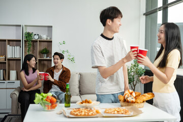 drinks and conversation, social gathering and get together. Young people, group and happiness at fast food pizzeria, celebration at home.