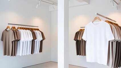 Obraz premium minimalist clothing store interior with rows of white and neutral-colored t-shirts hanging on wooden hangers, generative ai