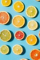 Obraz premium Falling citrus fruits on a blue background