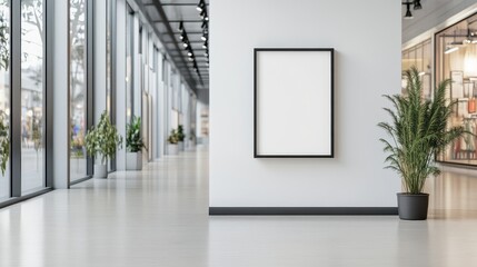 A minimalist design hallway featuring a blank picture frame on a clean white wall, accompanied by a potted plant near large glass windows.