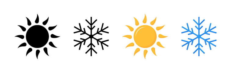 Sun and snowflake set icons. Flat and silhouette style. Vector icons.