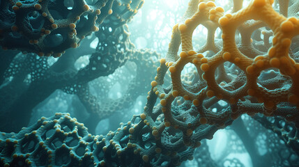 a futuristic and organic-looking structure, characterized by a mesh-like surface with intricate honeycomb patterns