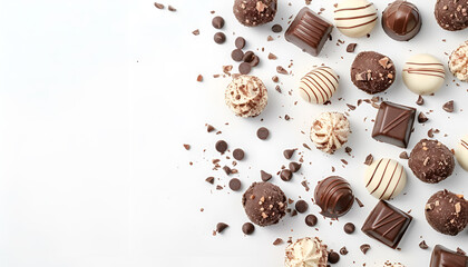 Set with different chocolate candies on white background, space for text