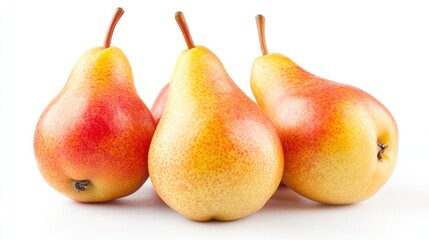 Three Ripe Pears with Red and Yellow Skin on White Background