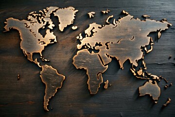 
world map 3D effect, textured wooden background in brown and gold shades
