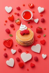 Delicious pancakes with whipped cream, fresh berries, and heart-shaped decor for a romantic breakfast.