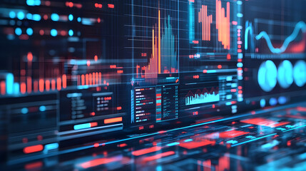 Obraz premium A complex digital interface with multiple charts and graphs, symbolizing the overwhelming amount of data in the modern world