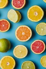 Top view of flying citrus fruits on a blue background