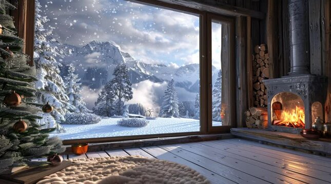 Cozy cabin room with fireplace and window showcasing breathtaking snowy landscape outside
 Seamless looping 4k time-lapse virtual video animation Generated AI