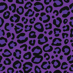 Seamless leopard print pattern with bold black spots on a vibrant purple background