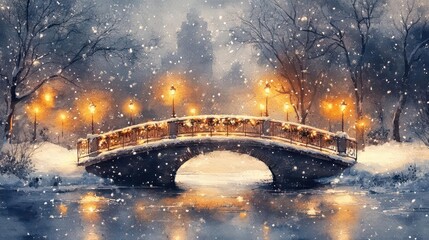 Snowy bridge with warm lights in winter landscape.