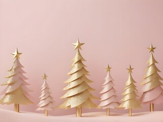 abstract gold glitter christmas trees with star on soft light pink pastel background