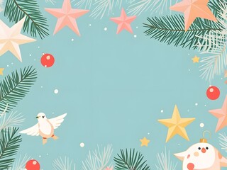 Fototapeta premium abstract Pastel New Year and Christmas flat lay in pastel neutral colors decorative stars, fir branches, birds, Christmas tree toy ball on light background