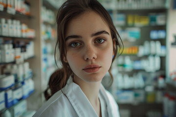 Photography of smiling pharmacist in a pharmacy store generative ai