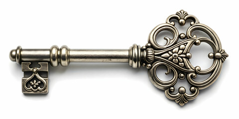Fantasy vintage key with intricate chrome metal design, fantasy, vintage, key, chrome, metal,intricate, detailed, shiny