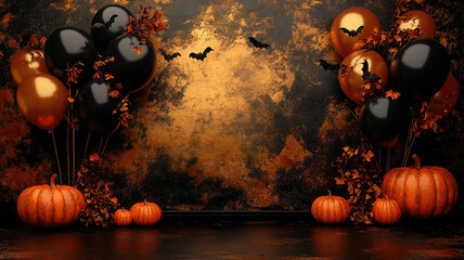 balloons, pumpkins, bats on blank wall background, empty space in the middle, halloween, holiday decor, decorative ornaments, celebration, wallpaper, postcard, interior design, autumn, october 31