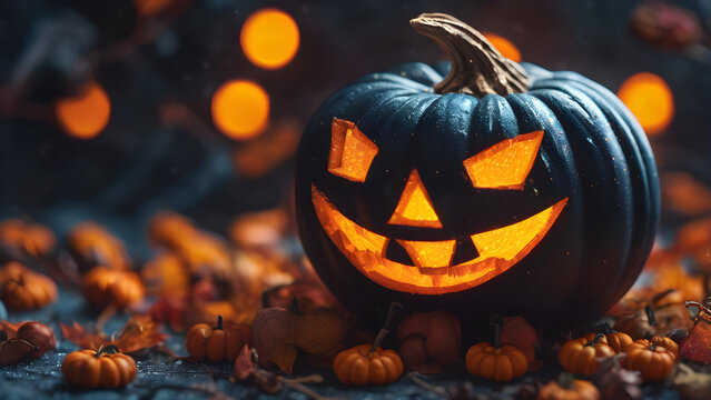 Close up of Halloween pumpkin, Halloween concept background, Halloween wallpaper, unique Halloween background, ai generated