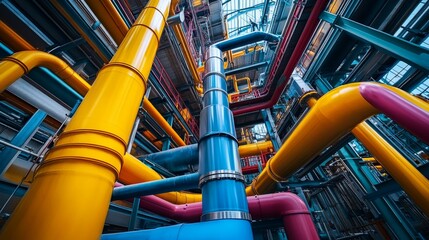 Stainless steel tank in a chemical processing facility, with dynamic, colorful pipes wrapping around it, creating a complex and modern industrial aesthetic