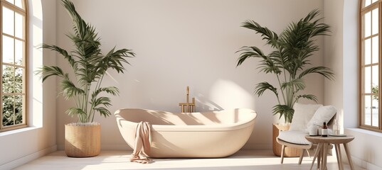 Relaxing modern bathroom with a freestanding tub, greenery, and natural light during the day