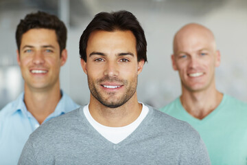 Creative, leadership and portrait of business people with smile, confidence and solidarity at...