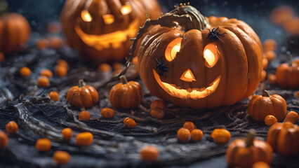 Close up of Halloween pumpkin, Halloween concept background, Halloween wallpaper, unique Halloween background, ai generated