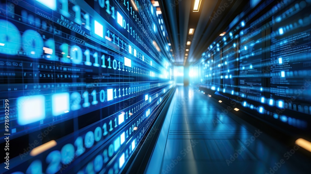 Poster digital hallway lined with glowing blue binary code abstract technology 1 and 0 background