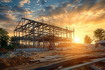 Fototapeta premium the process of building a house on the shore of a lake, sea, or ocean