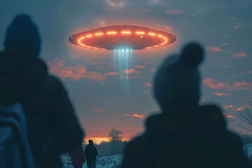 Fototapeta premium People observing supernatural lights in the dark sky UFO experience created with generative AI