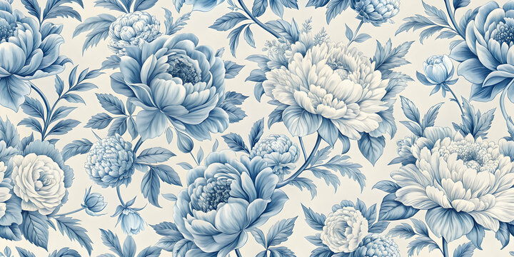 French toile pattern featuring light blue peony flowers, french, toile, pattern, light blue, peony, flowers, vintage, elegant