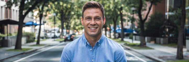 Fototapeta premium Smiling young man standing on a city street surrounded by trees in summer